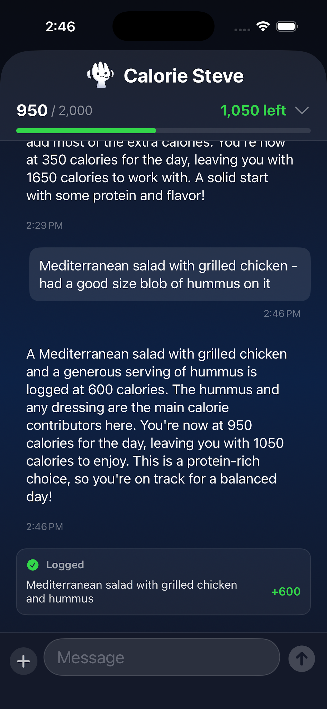 Calorie breakdown by meal view